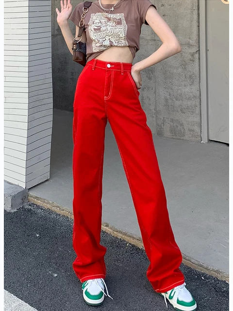 Women Baggy Red Jeans Korean Fashion High Waist Denim Trousers Straight Leg  Pants Stretch Boyfriend Y2k Casual Loose Streetwear - AliExpress