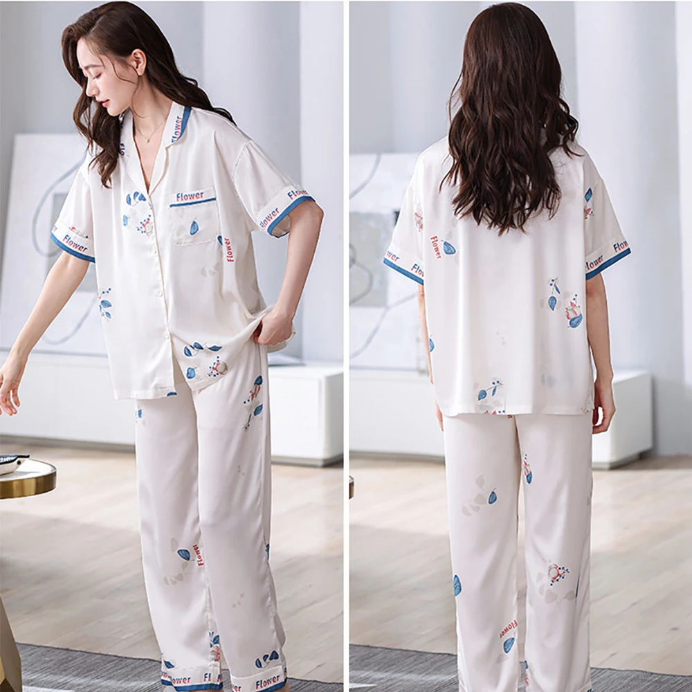 M-3XL Ice Silk Satin Sleepwear Summer Thin Breathable Cool Women's Pajamas High-quality Print Leisure Comfortable Trousers Sets