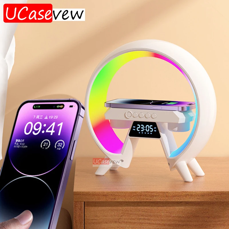 

Bluetooth динамик большой G Красочная атмосферная Настольная лампа с часами Φ 15 Вт Беспроводная зарядка