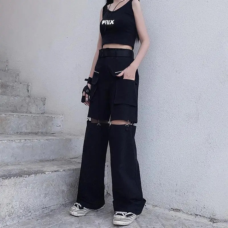 New 2025 Streetwear Black Pants for Women Fashion High Waist Detachable Streetweart Cargo Pants Woman