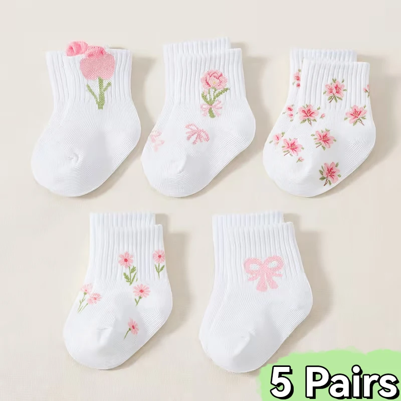  양말 5켤레, 순백색, 큰 꽃과 리본 패턴 디자인, 모든 계절에 적합, 심플하고..