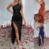Women'S Sexy One Shoulder Satin Dresses High Split Cocktail Wedding Party Maxi Dress Womens Elegant Sequins Wedding Dress 4