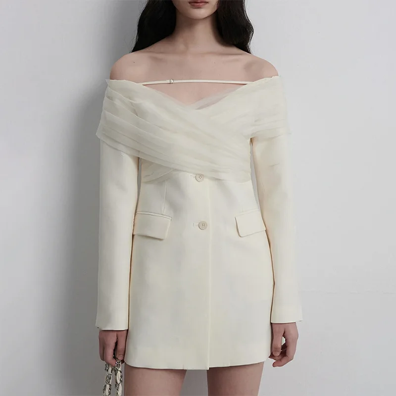 

White Women Suit 1 Piece Blazer Sexy Tulle Off Shoulder Coat Elegant Spring Cotton Work Wear Jacket Formal Office Lady Outfit