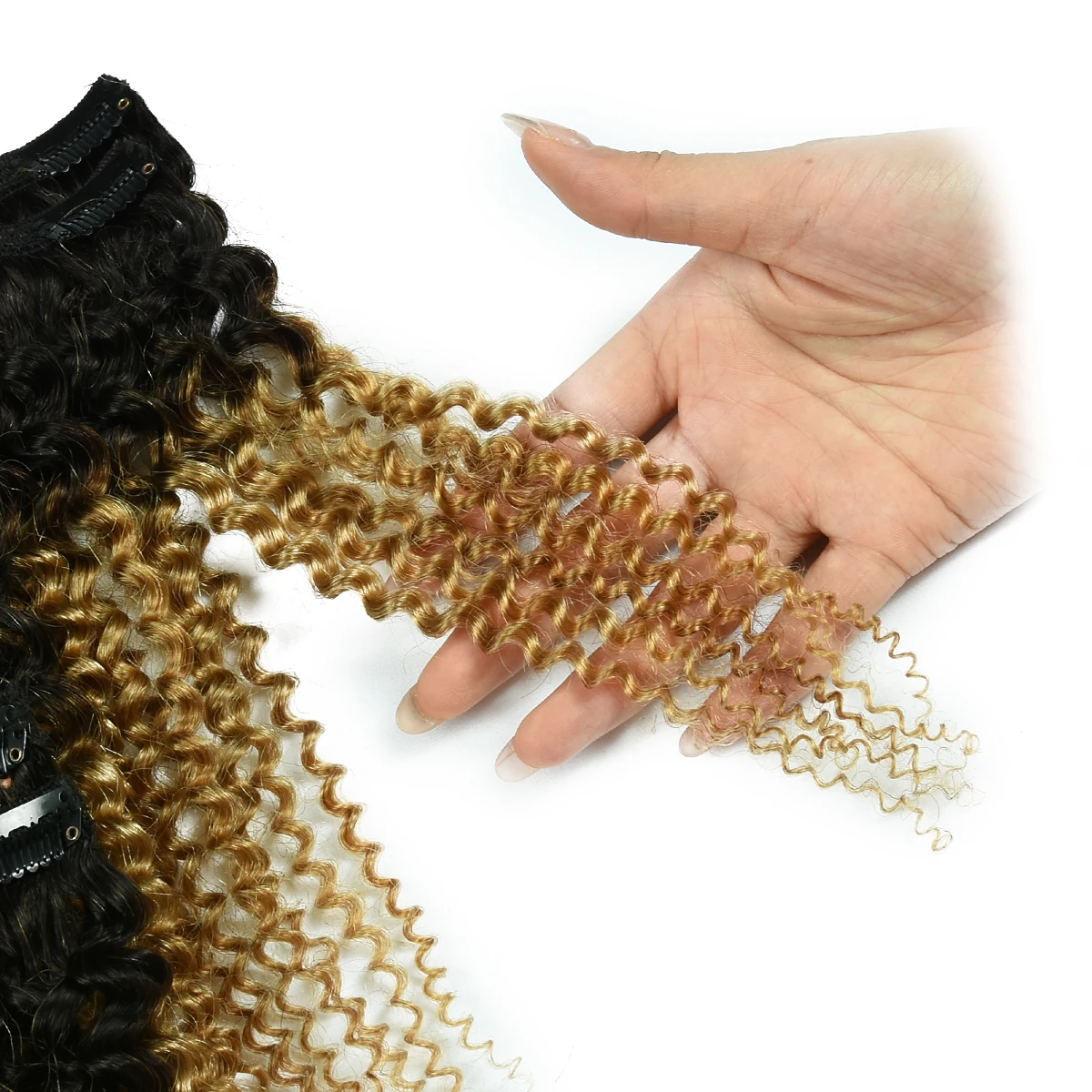 T1B/27 9PCS Human Hair Clip In Extension Kinky Curly Clip In Human Hair Extension 9 Pieces/Sets Full Head HairUGo
