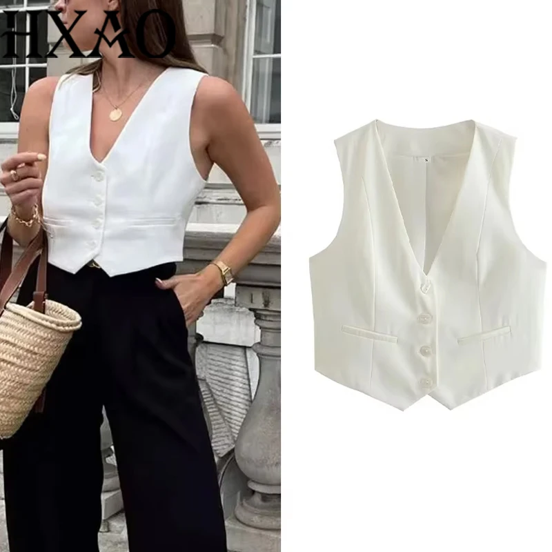 HXAO-Chaleco corto para mujer, Top con cuello en V, sin mangas, con botones, novedad en 20224, moda Primavera Verano, Top elegante para oficina para mujer