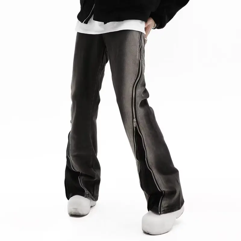 High street hip-hop Gradual change Jeans Zipper slit flared trousers design Straight leg Pants casual men and women jeans 5023 3