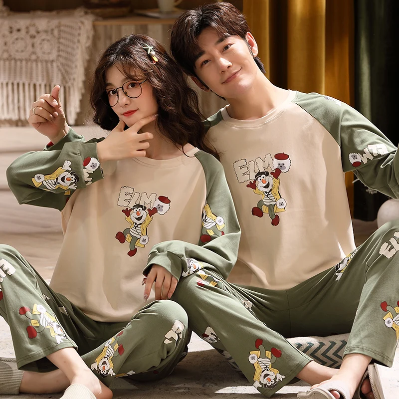 Autumn Couple Pajamas Sets Cartoon Men Sleepwear Leisure Cotton Plus Size Long Sleeve Women Homewear pijama Homme Mujer Dropship summer couple sleepwear thin cotton man women pajama sets cartoon pijama sleep tops pants pijama masculino pijama mujer freeship