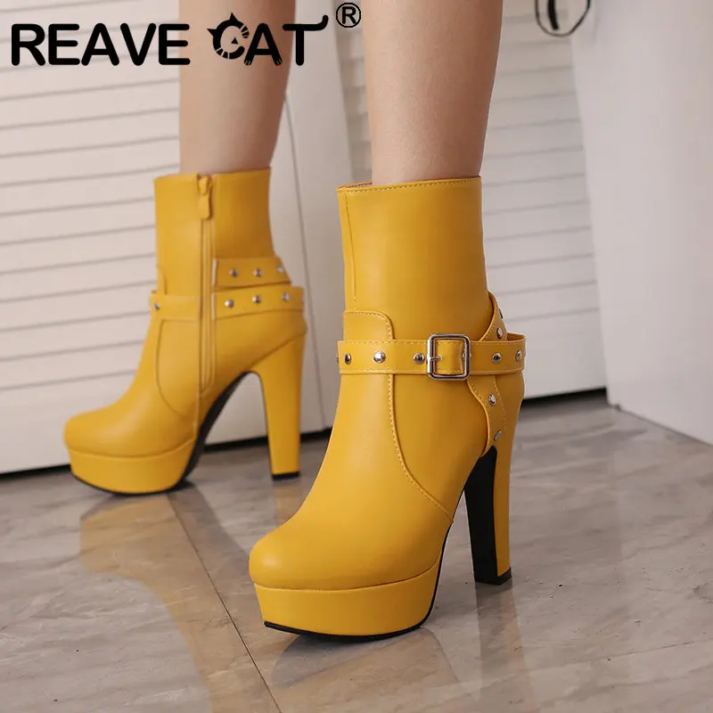 

REAVE CAT Women Ankle Boots Round Toe Chunky High Heels 12cm Platform 2.5cm Zipper Belt Buckle Big Size 48 49 50 Mature Booties