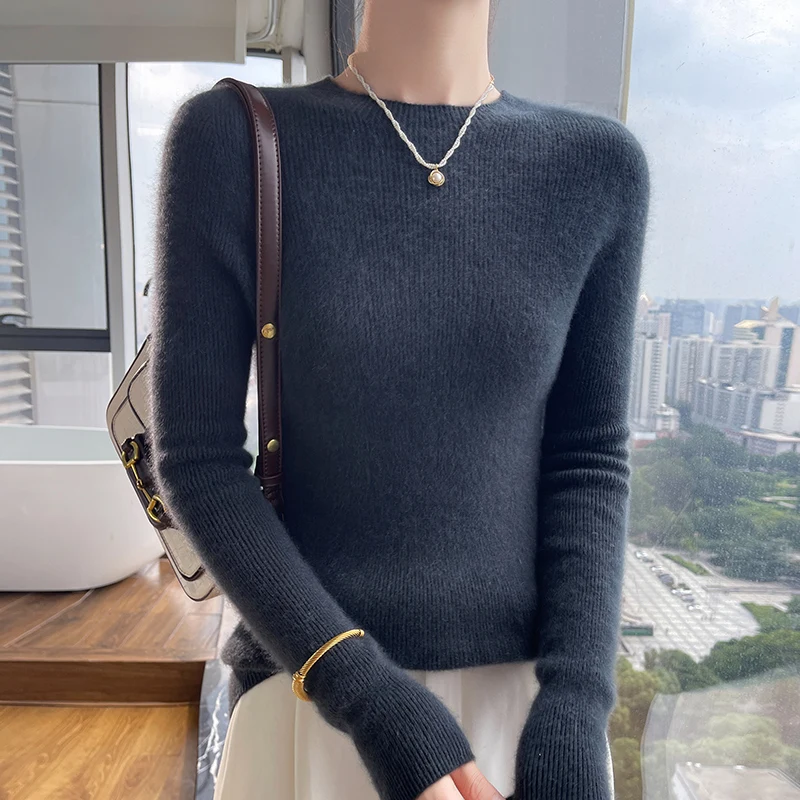 Women's O-neck solid color autumn and winter sweater thick pullover 100% cashmere soft and slim Korean popular clothes tops. 4