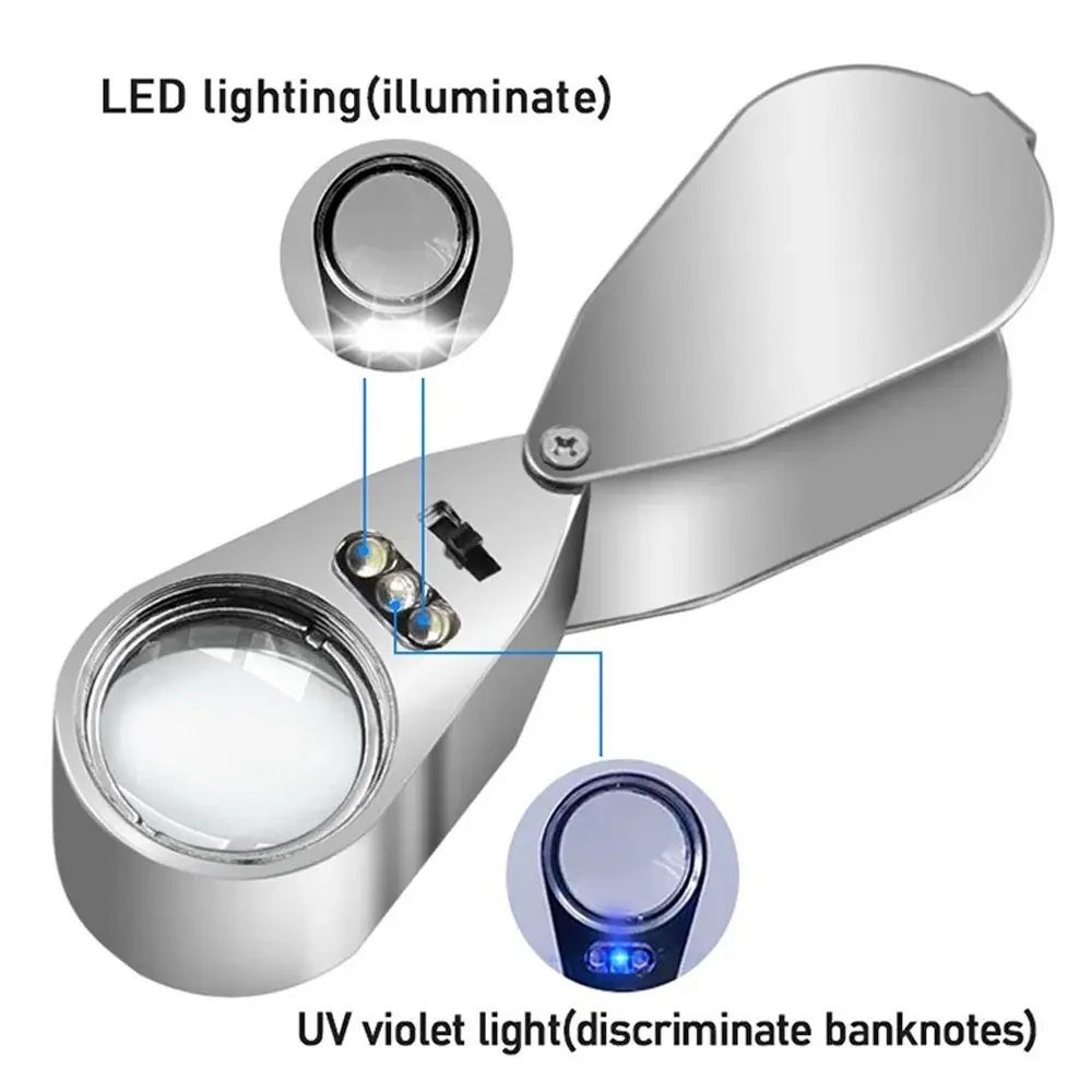 Magnifying glass 40X Jewelers Loupe Magnifier Metal Magnifying Glasses LED UV Illuminated Jewelry Loop Pocket Folding Magnifying Glass for Coins