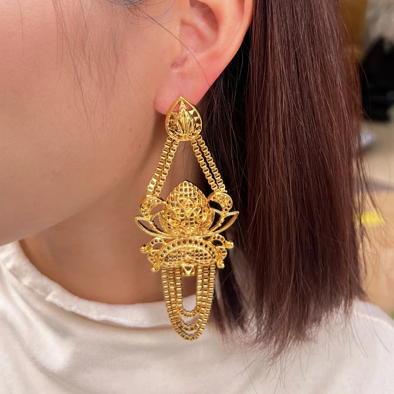 

Ethiopia Gold Color Big Earring Dubai Luxury Pendant Stud Earrings With Tassel For Women Banquet Wedding Jewellery Gifts