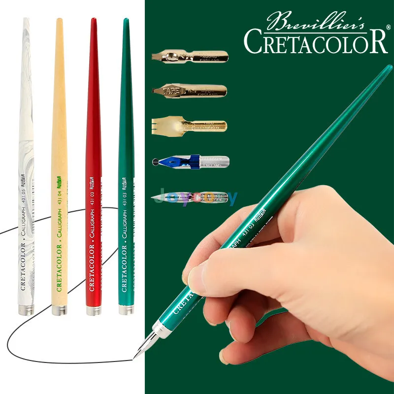 예술적인 대리석 패턴이 있는 CRETACOLOR 만년필 - 캘리그래피와 레터링을 위한 빨간색과 녹색의 나뭇결 디자인.