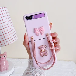 Elegant 3D Bow Bear Portable Bracelet Phone Case - Durable Shockproof Hard Cover for SAM Z Flip 1 2 (Pink)