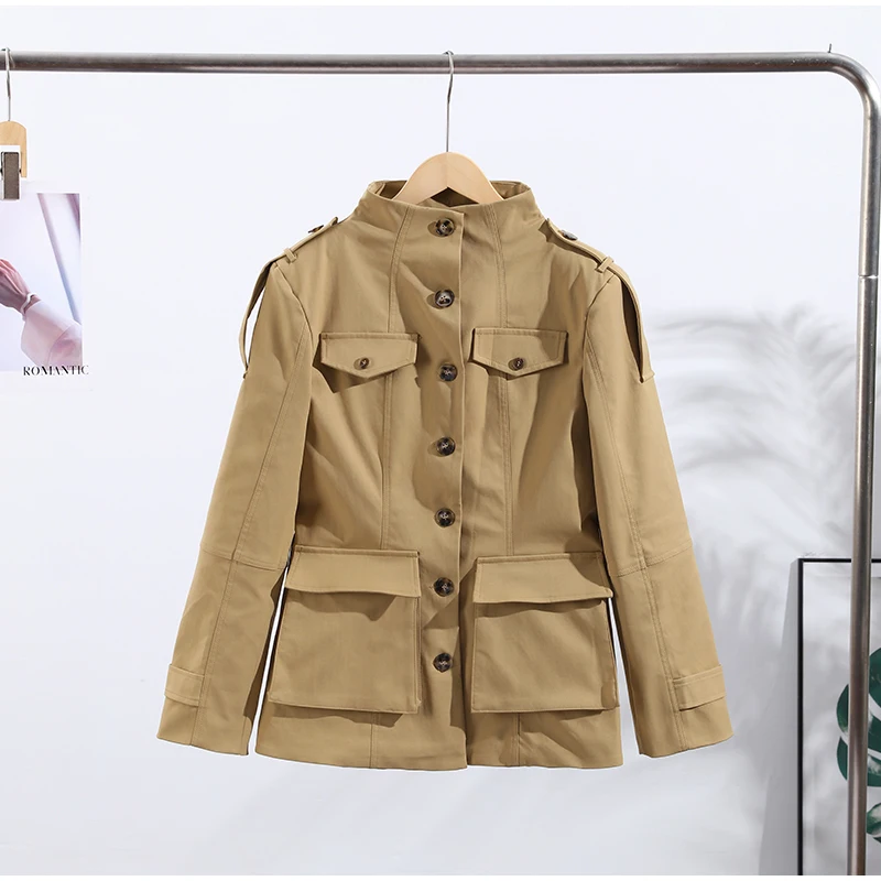 Pocket Stand Collar Long Sleeves Jacket Woman Single Breasted Solid Color Waist Cinching Jackets Versatile Women's New Jackets 18 S8c856f4251f84886a1d1272b809c8bcd5