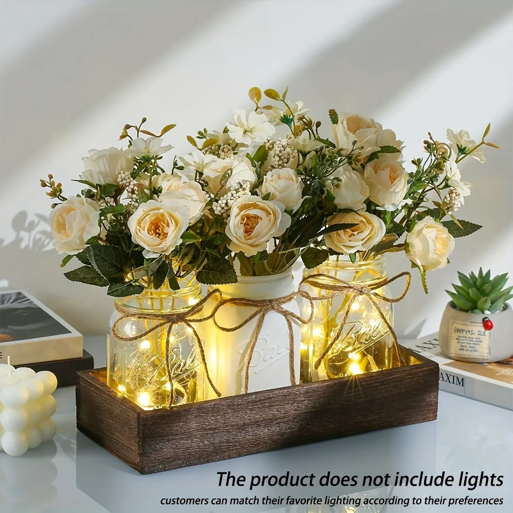 3Pcs Mason Jar  Table Decorations Decor with Wood Tray and 3 artificial roses,artificial flower decorations,without light string