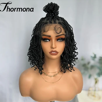 Parrucca sintetica a treccia anteriore in pizzo pieno da 14 pollici ricci finti locs colore nero grande spazio di separazione twist dreadlock parrucche per donne nere