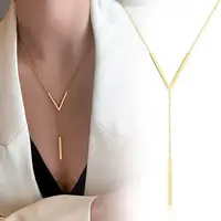 Gold-color Stainless Steel Long Bar Tassel Paragraph Collarbone Minimalist Shaped Holiday Necklace Female Party V Necklace F1X3 1