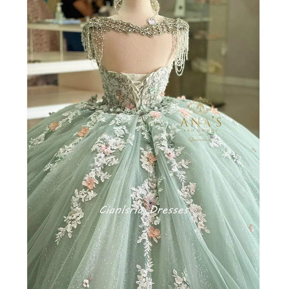Mint Green Beading Tassel Quinceanera Dress Ball Gown Off The Shoulder 3D Flowers Appliques Corset Sweet 15 Vestidos De XV A&ntilde;os