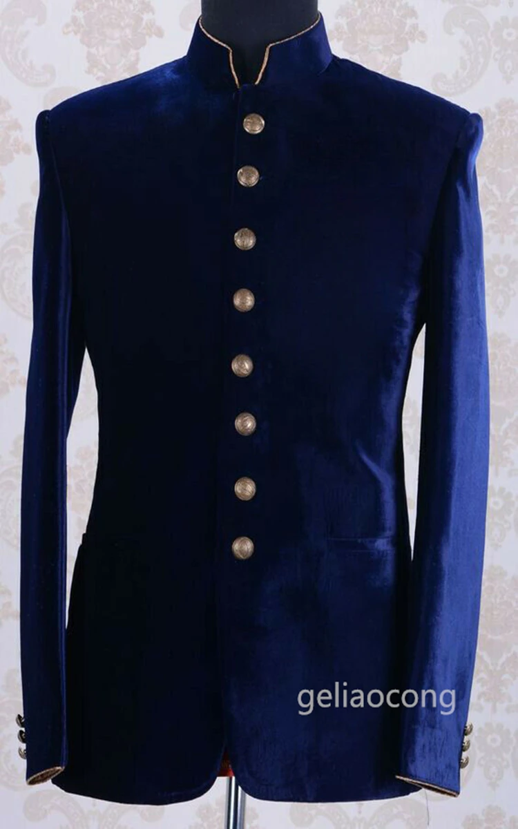 

New Stand Collar Mens Blazer Jackets Navy Blue Velvet Suit Jackets Wedding Party onlyJacket Groom Costume Stage Terno Masculino
