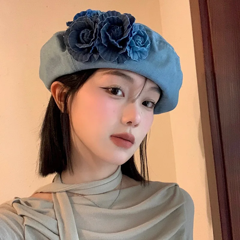 데님 꽃 우아한 여름 용수철 베레모, 여성 소녀 패션, 트렌디 야외 스트리트 캡