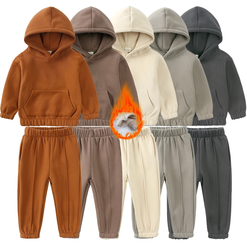 Winter Children Boys Girls Fleece Hoodie Outfits Toddler Sweatshirt+Sweatpants Tracksuit 1-9Y 2Pieces Warm Clothes