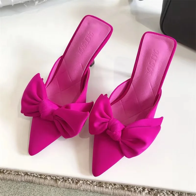 

New Style Butterfly-knot Mules Women Slippers Elegant Pointed Toe Thin High Heels Ladies Summer Fashion Party Prom Shoe