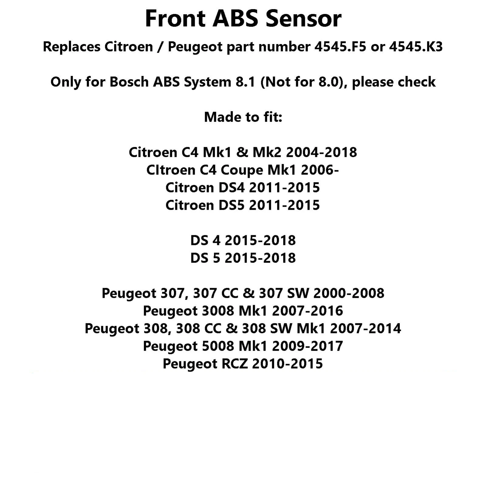 Front ABS Sensor for Citroen Peugeot with Bosch 8.1 ABS C4 307 308 3008 5008 RCZ car abs speed sensor