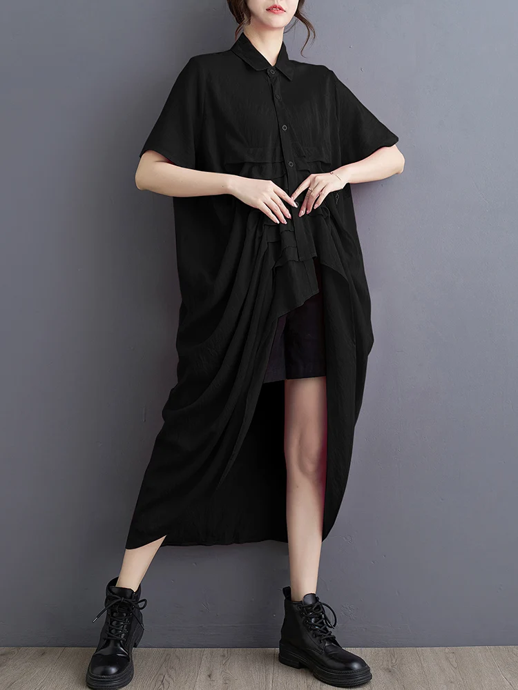 2025 Spring Summer New Red Vintage Irregular Shirt Dresses For Women Short Sleeve Loose Casual Dress Elegant Fashion Clothing