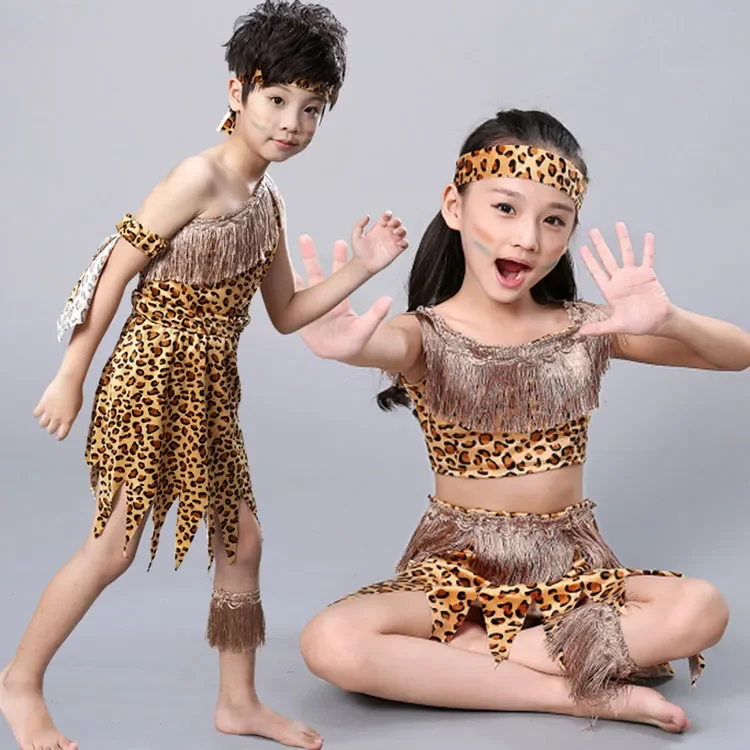 

Children Savage Caveman Costumes Boy Leopard African Tribal Hunter Clothing for Girl Performance Costumes Cosplay Dress