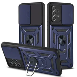 Shockproof Ring Holder Armor Case with Slide Lens Protector for SAM A32 5G (Navy Blue)