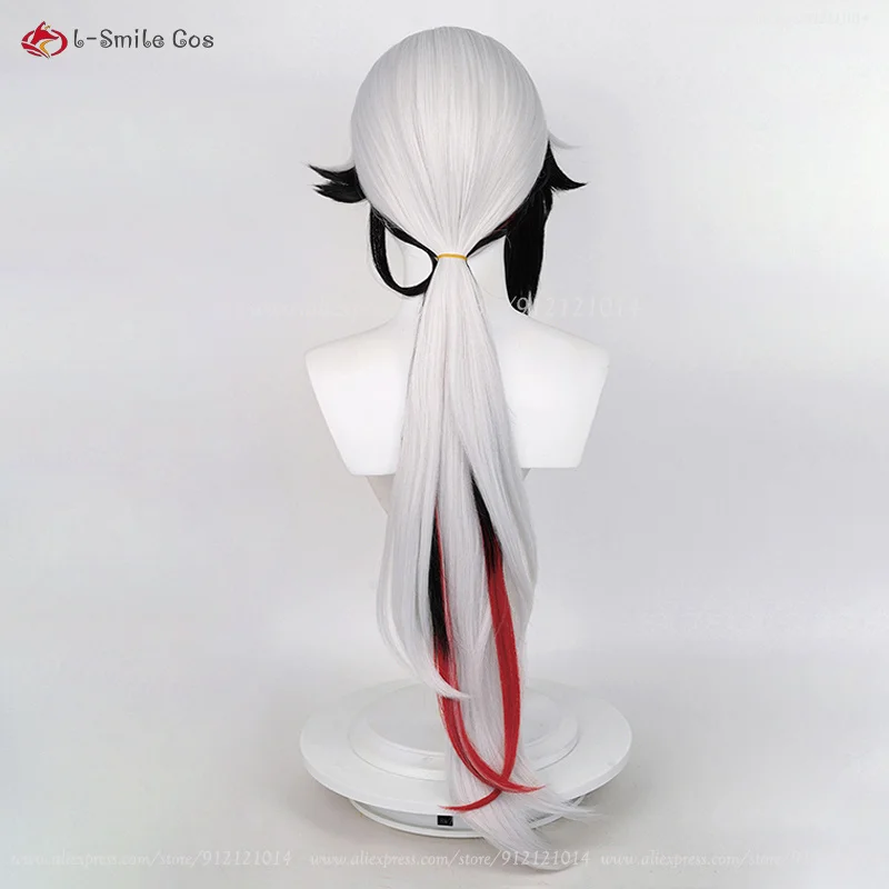 Shin Fontaine Arlecchino Cosplay Perücke 83cm Grau Weiß Schwarz Rot Synthetik Hitzebeständig 6