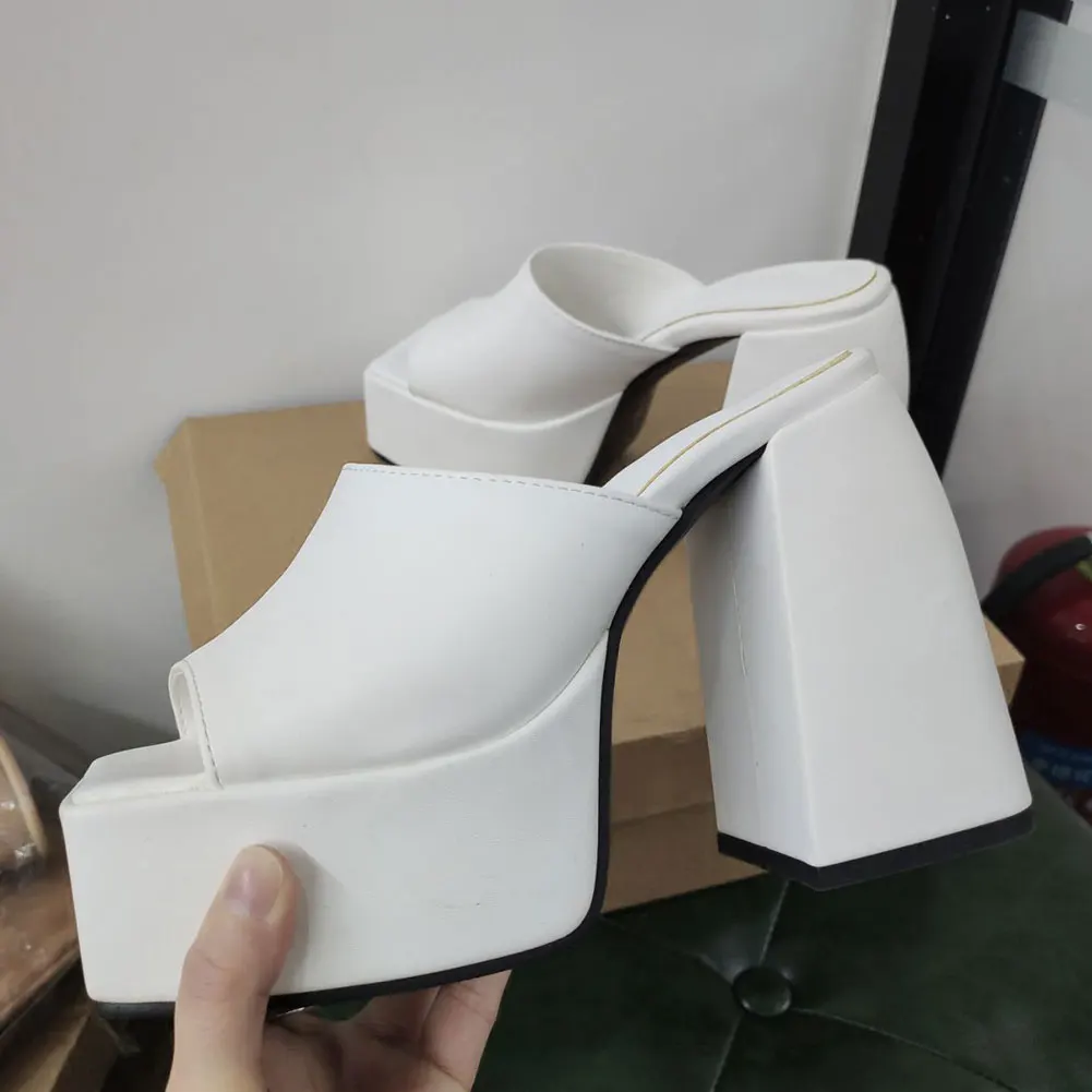 GIGIFOX Brand New Big Size 43 Summer White Chunky Heeled Mules High Heels Sexy Party Platform Heel Sandals Shoes For Women 2022