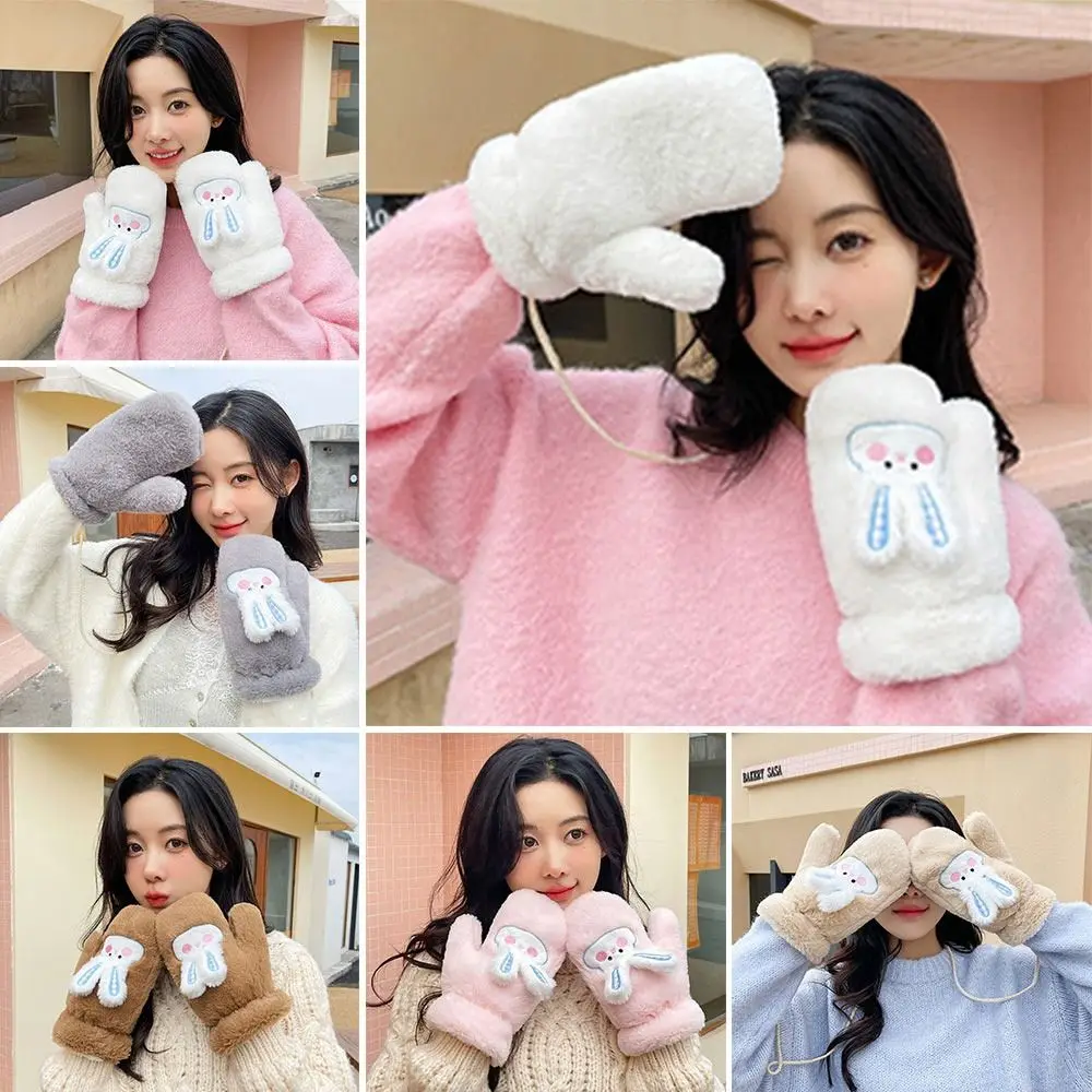 

Soft Women Winter Gloves Thickened Plush Warm Winter All Fingers Gloves Long Ears Rabbit Students Gloves Girl