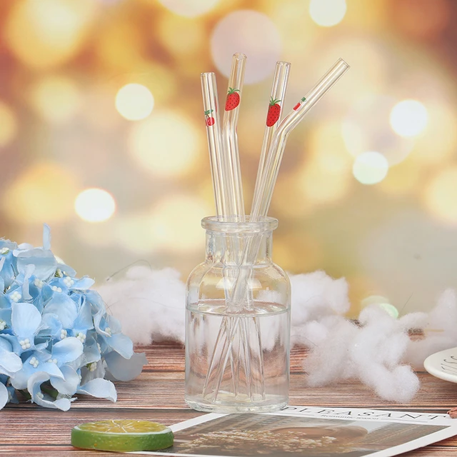 Reusable Glass Straw with Flower ,Colorful Shatter Resistant Bend Straws Cocktails Bar Accessories with Cleaning Brush 8