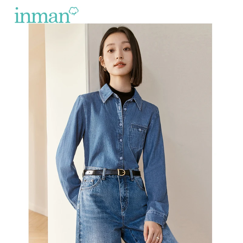 INMAN Women Fake Two Piece Denim Shirts 2023 Autumn Long Sleeve Polo Neck Loose Blouse French Commuting Casual Tops [ewq] white shirt splice back denim blazer coat streetwear women fake 2 piece big size suit jacket 2023 autumn winter new 6u4258