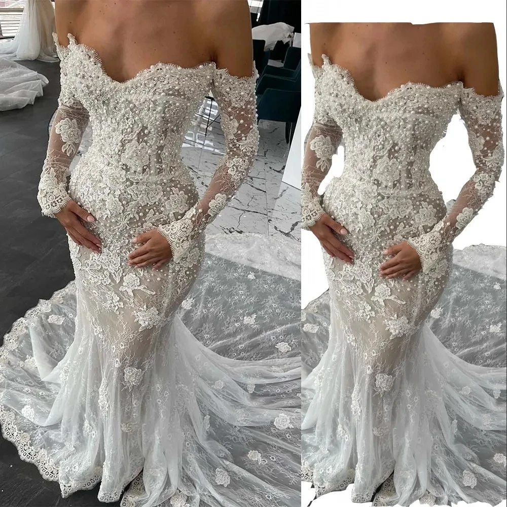 

Sexy See Through Heavy Lace Pearls Wedding Dresses Sweep Train Off the Shoulder Vestido De Casamento Long Sleeves Bridal Gowns