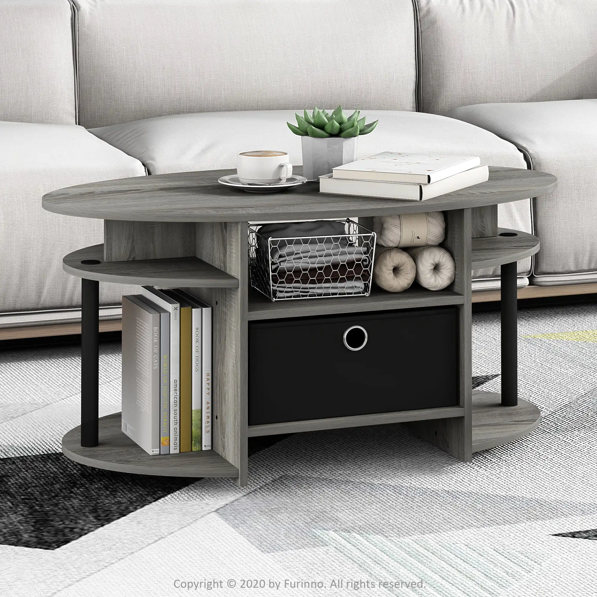 

Furinno JAYA Simple Design Oval Coffee Table with Bin, French Oak Grey/Black High Load-bearing Strong Stable and Durable