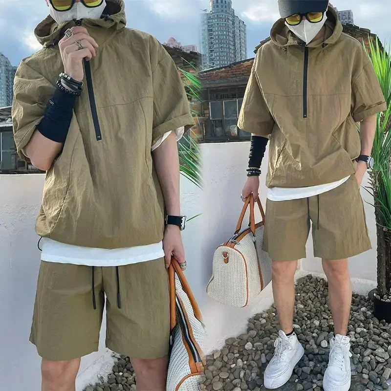 Sweater Set Summer Cargo Style Men's Casual Hooded Solid Short Sleeve T-shirt Shorts Loose Fashion