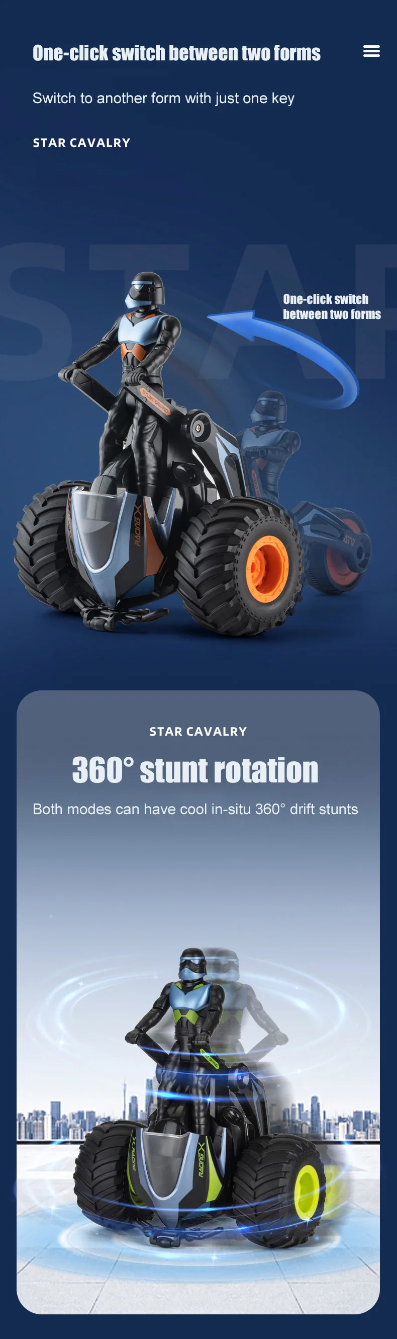 Envío Gratis RC coche 2,4G Control remoto motocicleta dos formas 360 ° Acrobacias Rotación Iluminación Sonido STAR CAVALRY Juguete para regalo para niños
