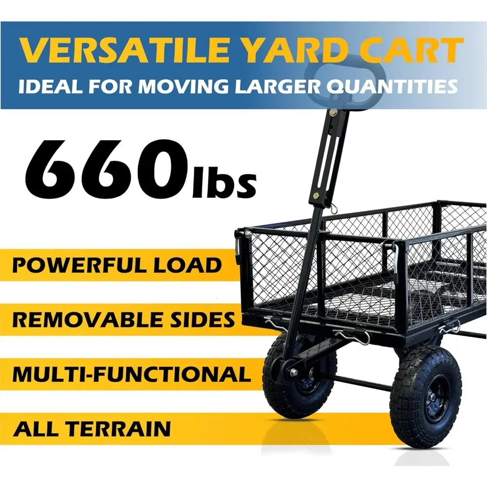 Heavy Duty 660 lbs Capacity Mesh Steel Garden Cart, Folding Utility Wagon with Removable Sides, Rubber Wheels, and Waterproof