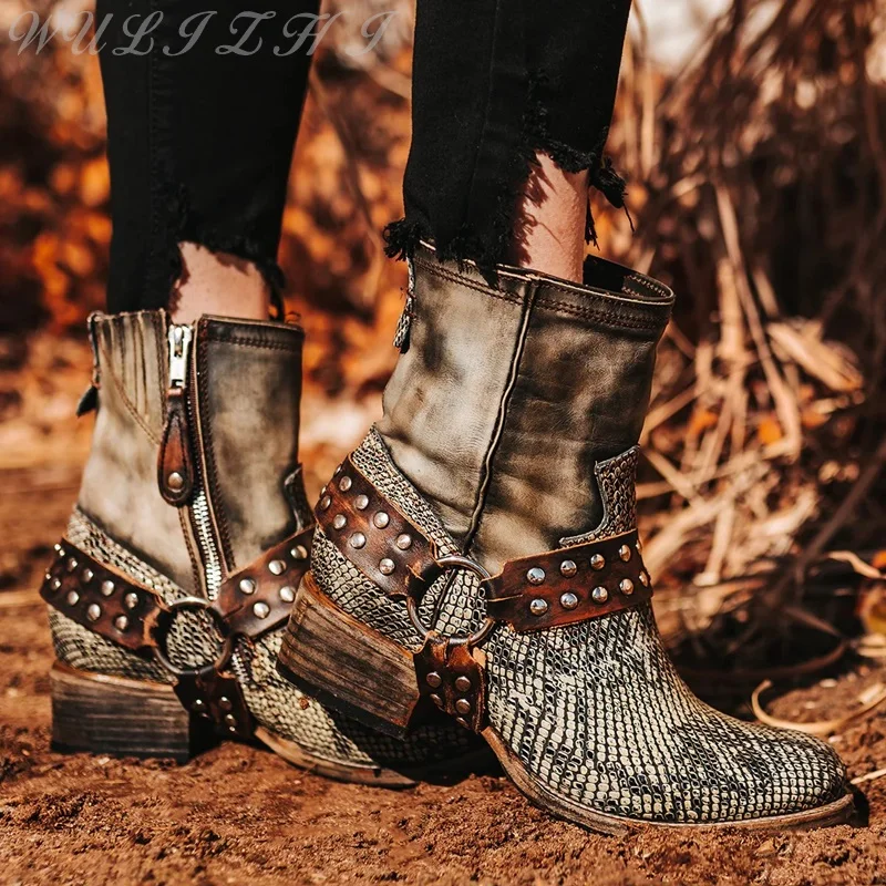 

Snakeskin Mixed Colors Rivet Ankle Boots Women Genuine Leather Belt Buckle Square Heels Side Zipper Fashion Autumn Footwear