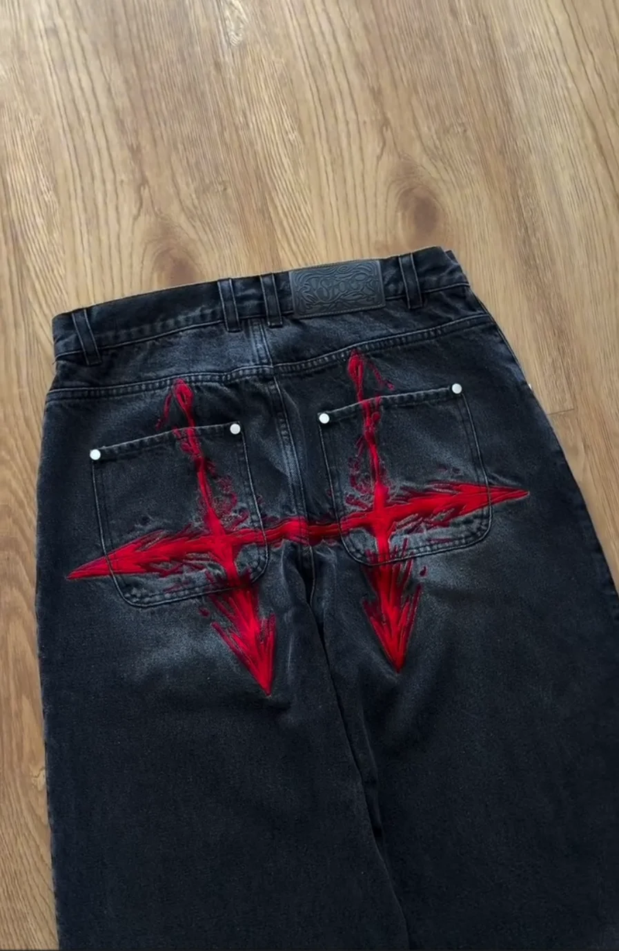 Y2K Vintage Loose Denim Pants Black Japan Cartoon Pattern Embroidered Jeans Women Wide Leg High Waist Streetwear Men Jeans 3
