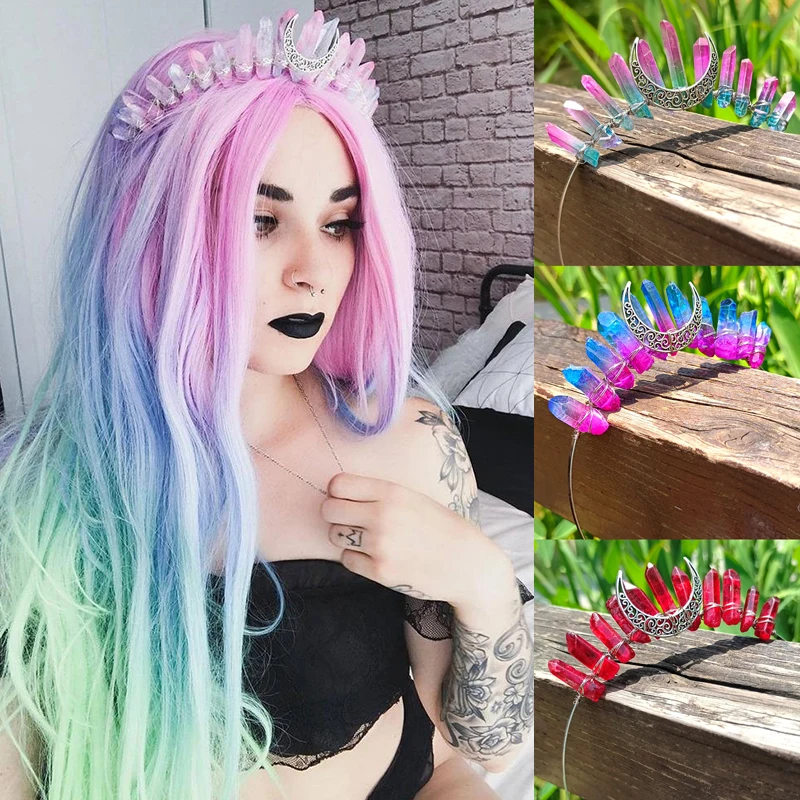 multicolor rainbow raw crystal quartz crown headband with metal hollow out antique moon tiara witch hair accessories Romantic Tiara Crown Colorful Rainbow Raw Quartz Crystal Headband Ethnic Antique Moon Bridal Hair Accessories Hair Hoop Jewelrys