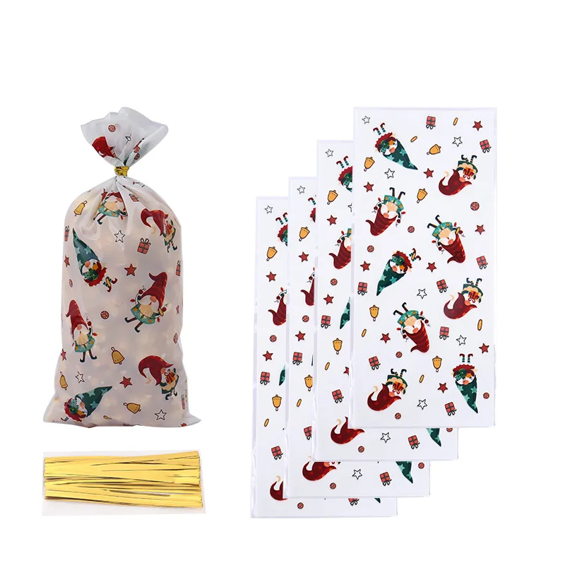 Christmas Gift Bags 50Pcs Merry Christmas Plastic Candy Cookie Bags Xmas Tree Snowflake Santa Claus Decorations