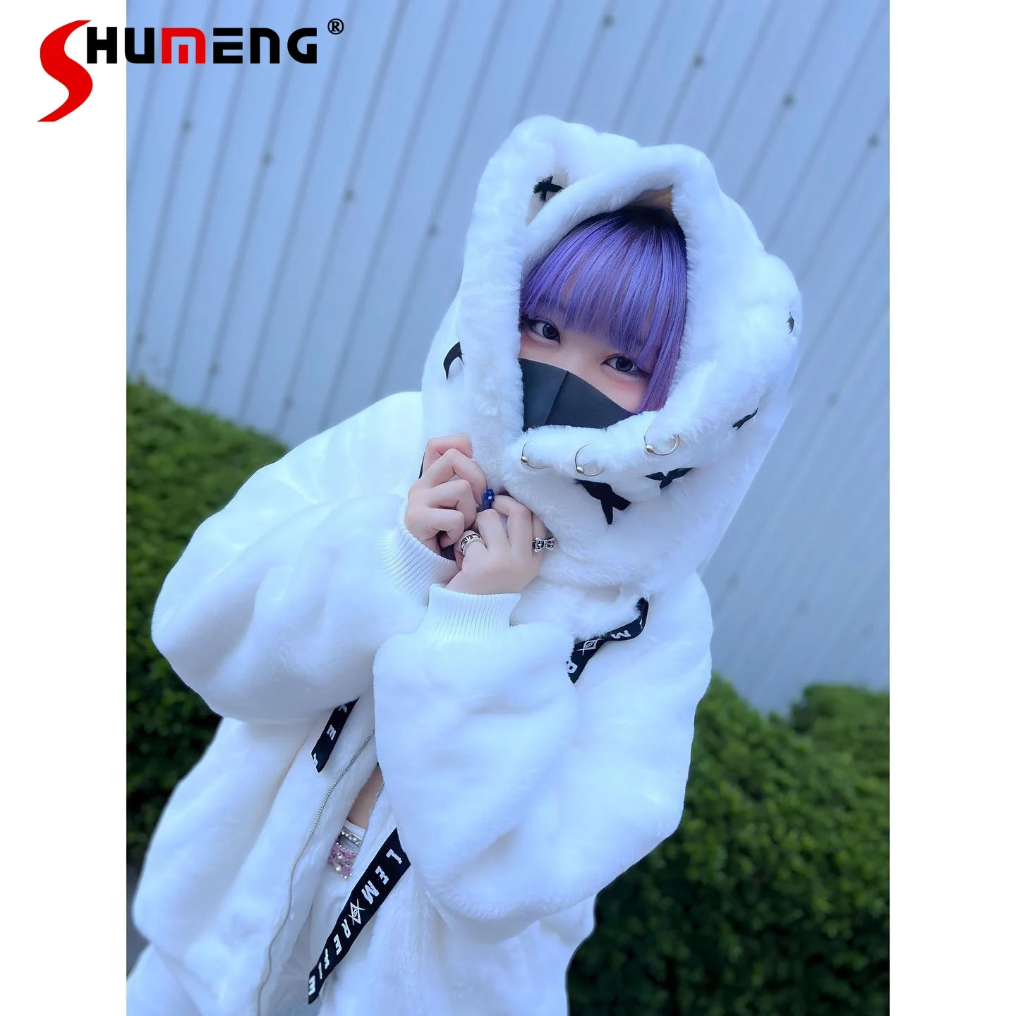 Japanese Style Subculture Y2k Faux Fur Coat Harajuku Mine Style Cute Rabbit Ear Imitation Fur Plush Hooded Jacket Fluffy Jackets