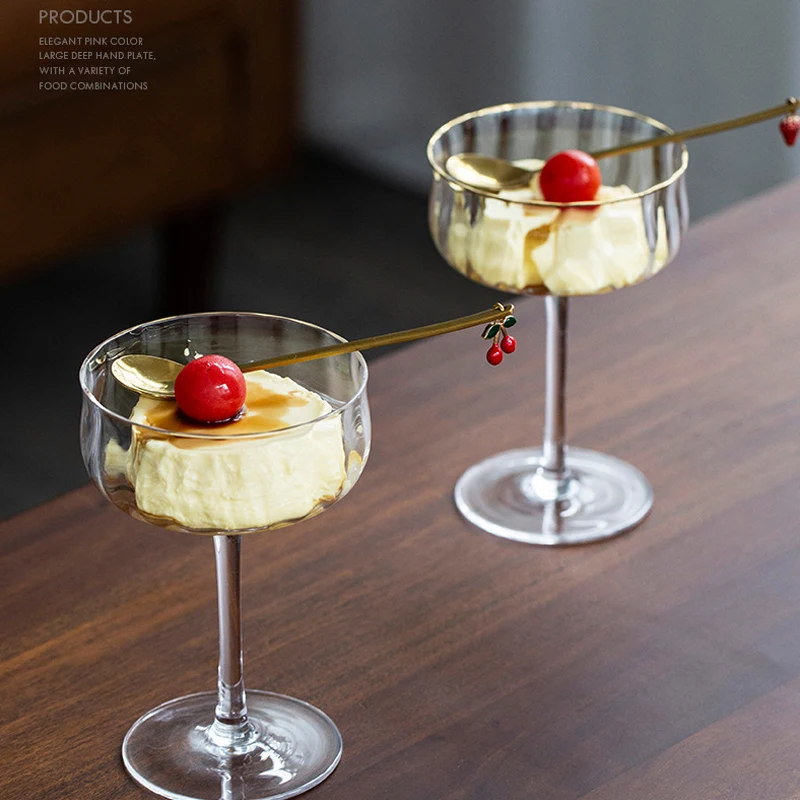 2 Pcs Lot INS Retro Style Amber Dessert Cup Restaurant Pudding Ice Cream  Glass Bowl Yogurt Relief Goblet Milk Shake Container