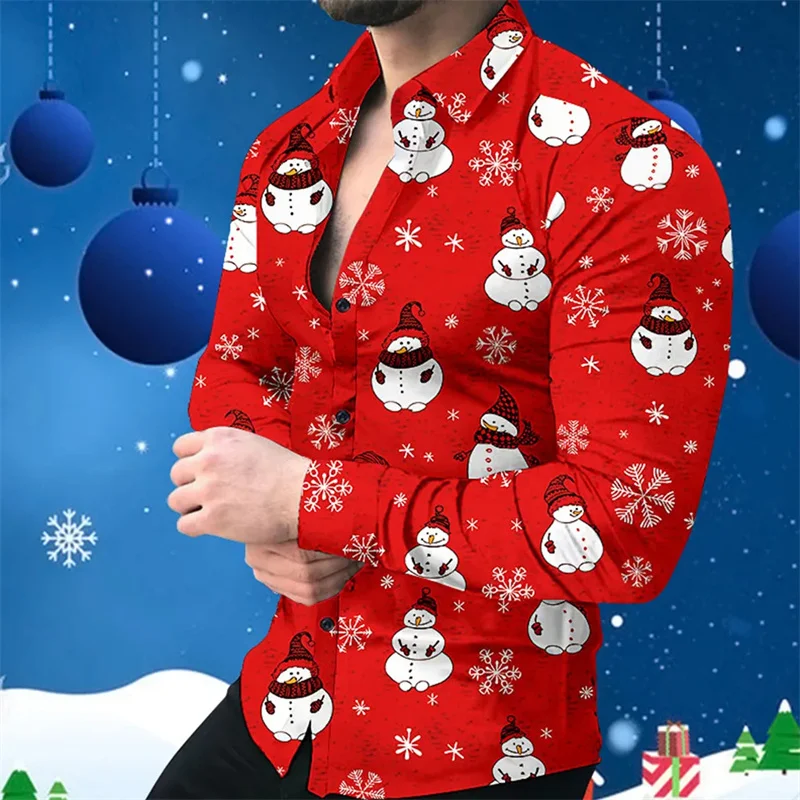 thumbnail image 1 of Camisa de manga larga navideña 2024 con solapa y botones para hombre, camisa con estampado 3D de muñeco de nieve navideño, informal, para fiestas y vacaciones, talla 5XL, 1 of 4