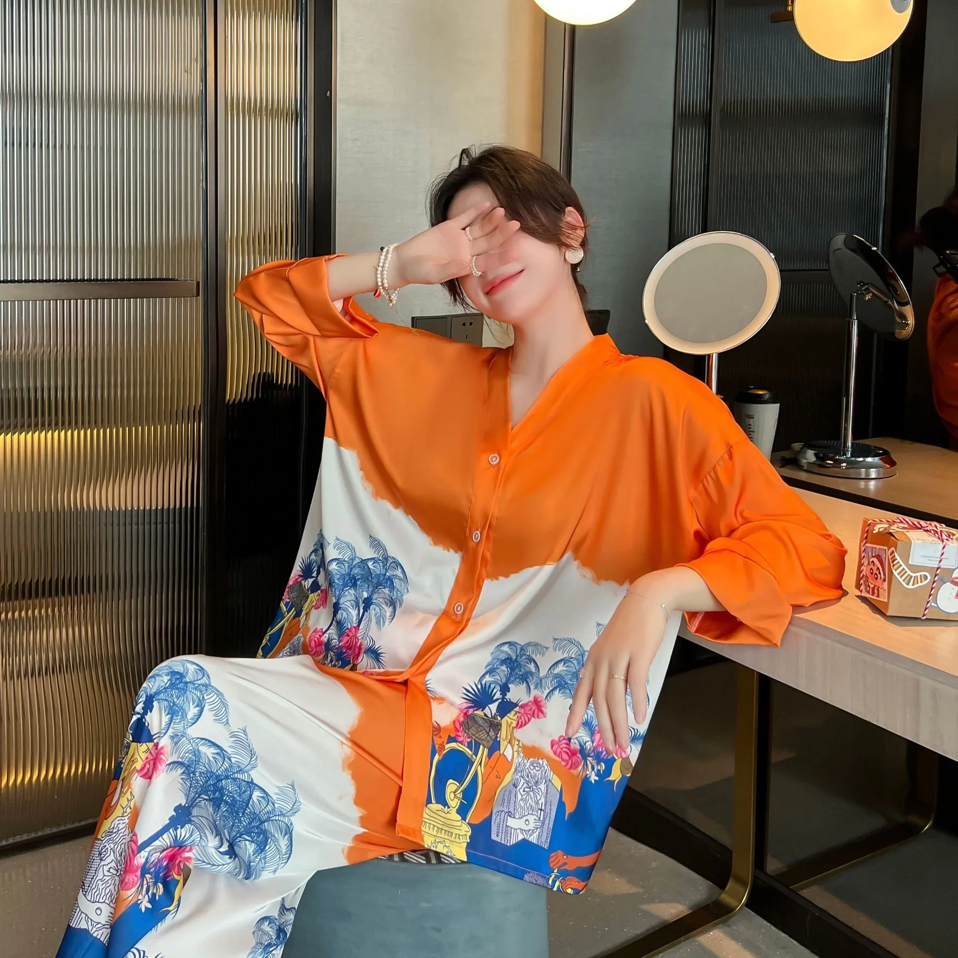 Lisacmvpnel Ice Silk Pajamas Women's Spring and Autumn Long Sleeved Cardigan High Quality Printing Suit Pyjamas