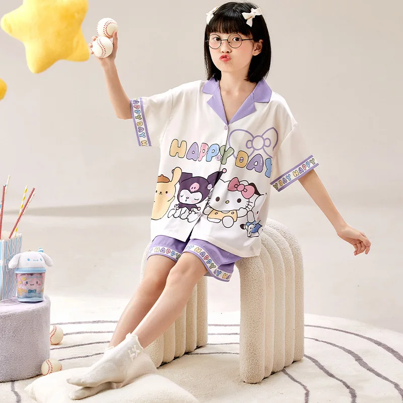 

Детская Пижама Sanrio для девочек, летняя Тонкая шелковая пижама с коротким рукавом для девочек, домашняя одежда для мамы и дочери