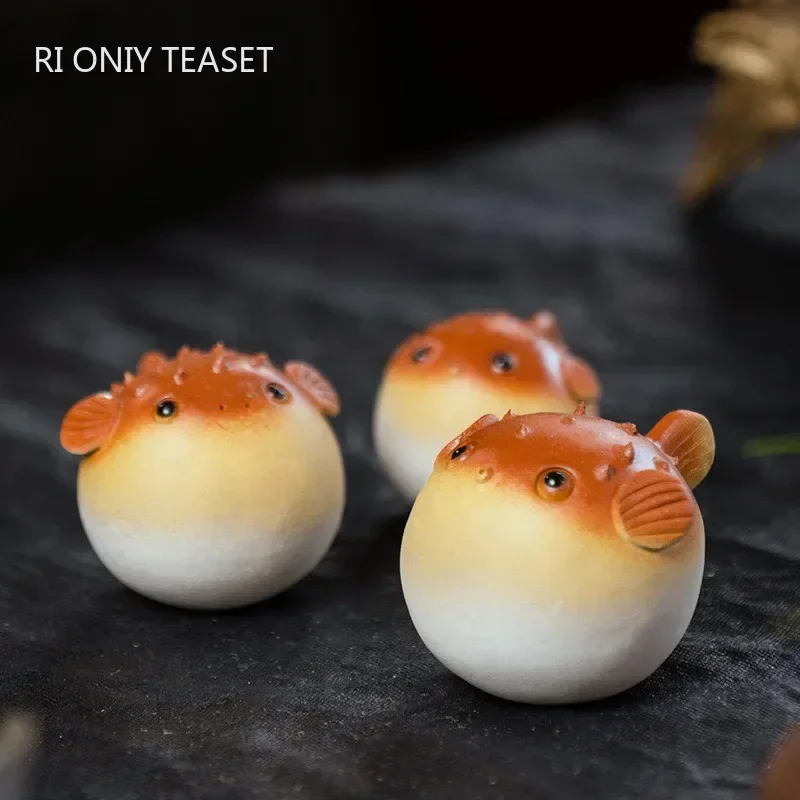 Yixing Purple Clay Tea Pet Handmade Pufferfish Statue Ornaments Animal Tea Figurine Sculpture Crafts Chinese Set Decors Art tea pet ornaments